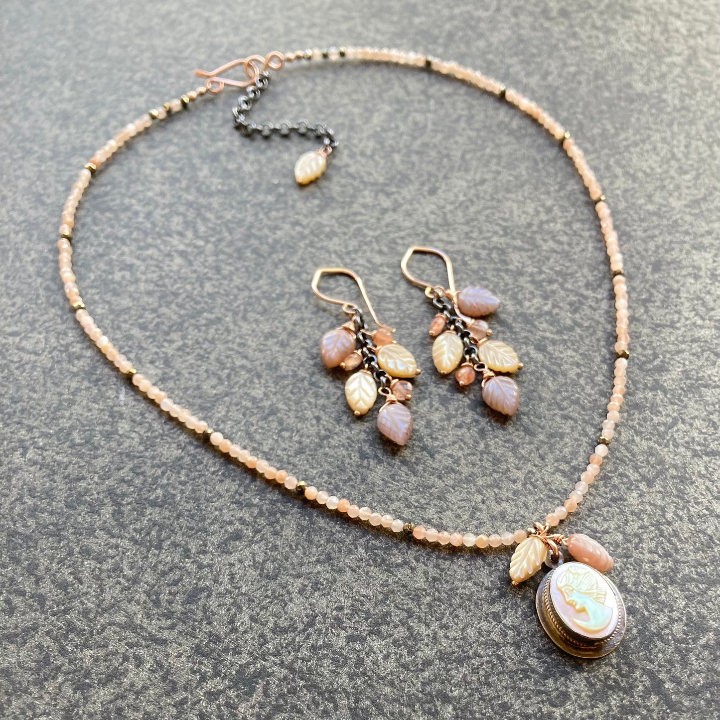 Peach Moonstone & Vintage Mother of Pearl Cameo Pendant Necklace