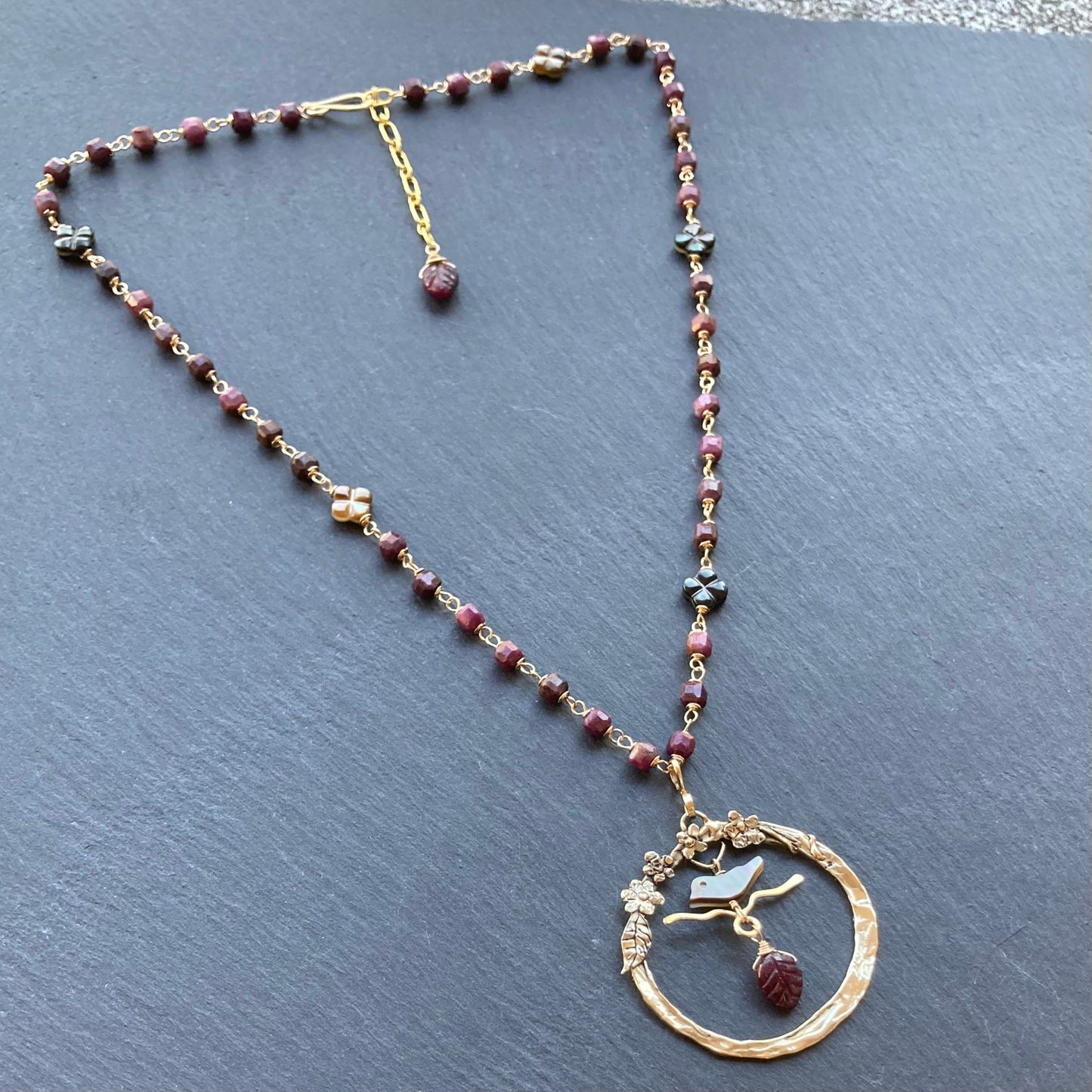 Natural Ruby, Black Mother of Pearl, Gold & Bronze Blossoming Plum Pendant Necklace