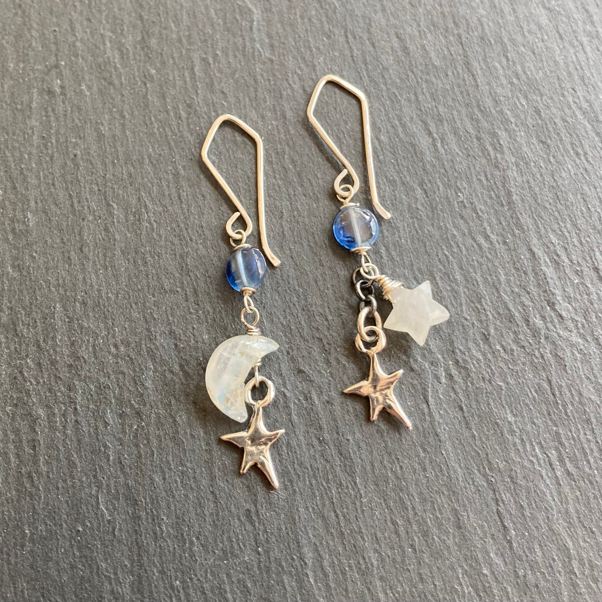 Custom Repair: Rainbow Moonstone, Blue Kyanite & Sterling Siver Moon Star Earrings