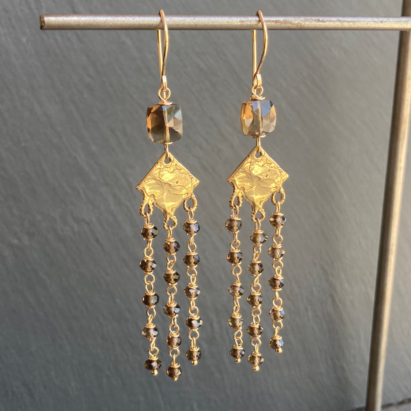 Smoky Quartz, Gold & Bronze Long Fringe Earrings