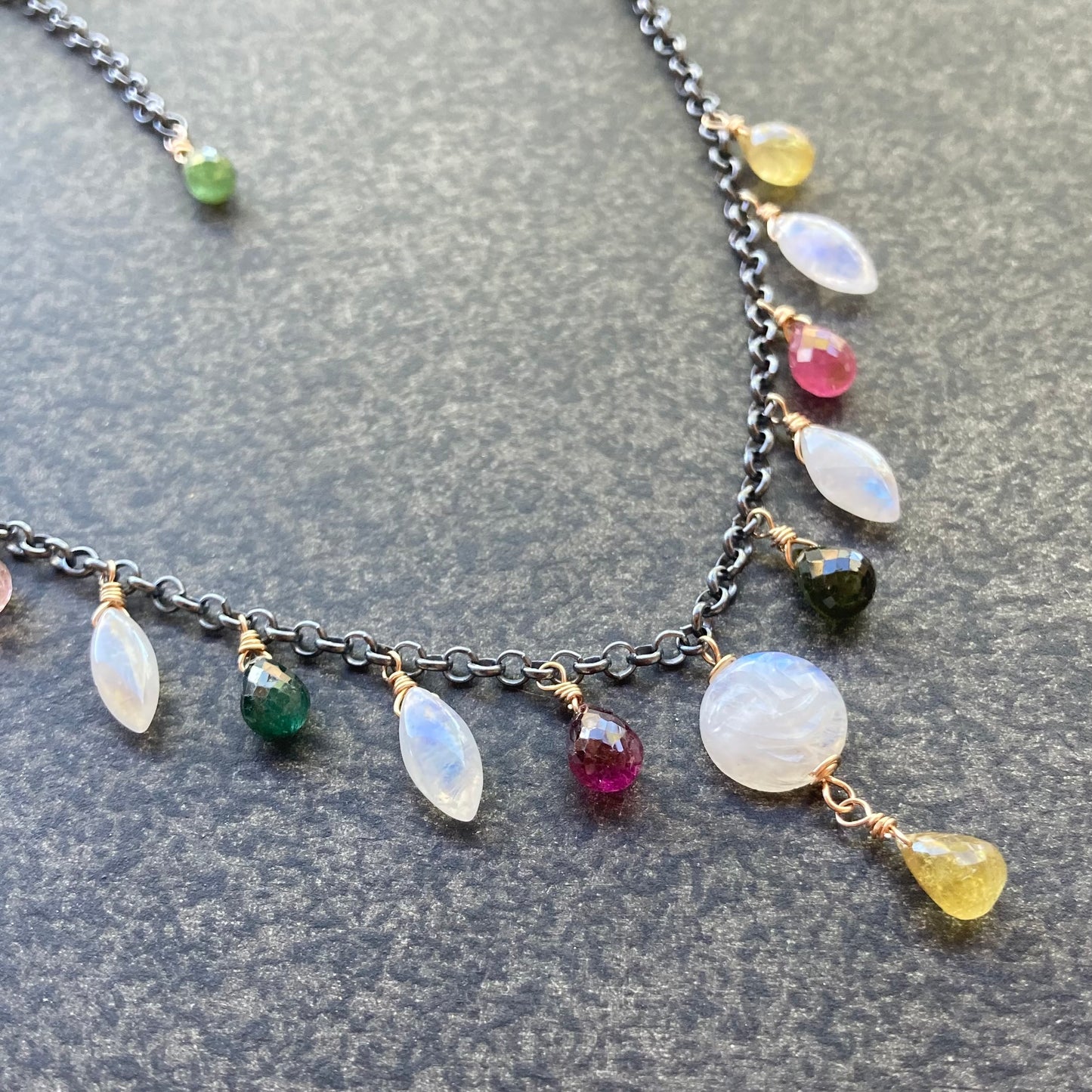 Rainbow Moonstone, Multicolor Tourmaline & Mixed Metal Full Moon Charm Choker