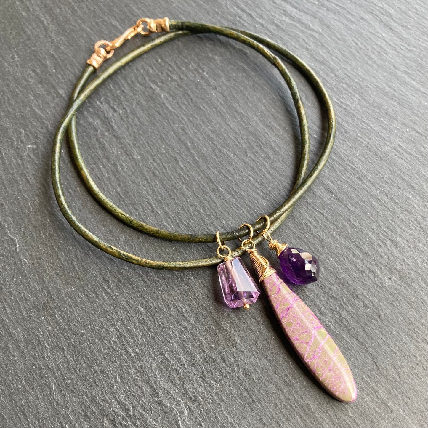 Atlantisite Stichtite, Amethyst & Gold Leather Choker
