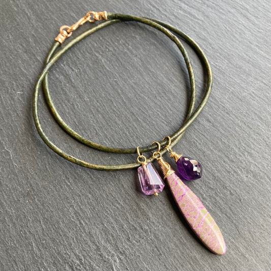 Atlantisite Stichtite, Amethyst & Gold Leather Choker