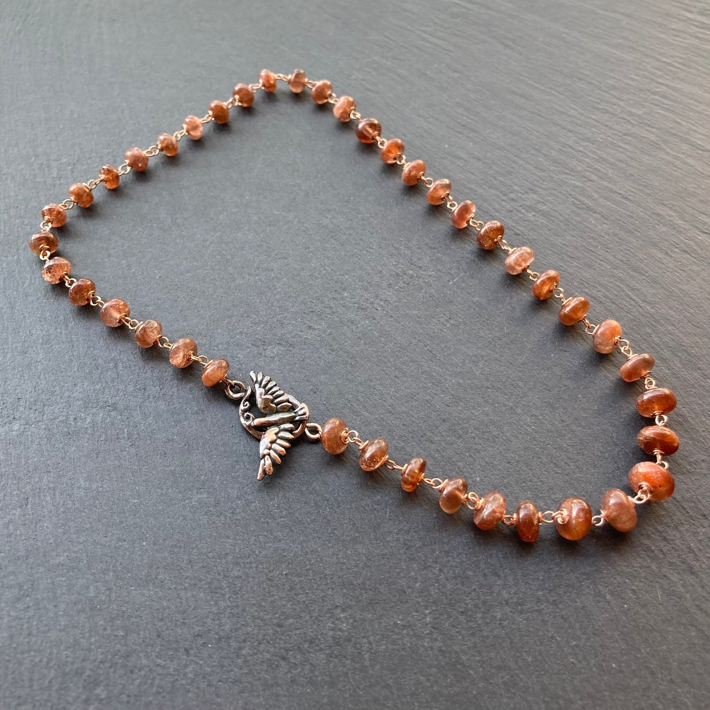 Sunstone, Rose Gold & Shibuichi Bird Toggle Necklace