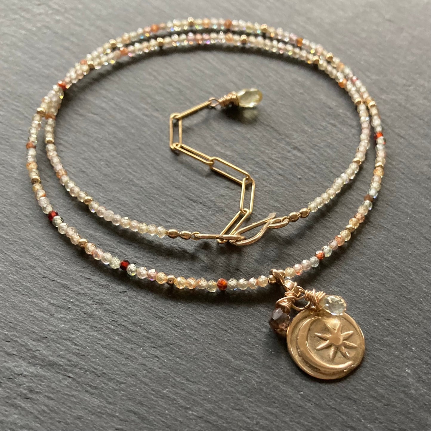 Natural Zircon, Gold & Bronze Moon Star Coin Choker