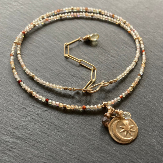 Natural Zircon, Gold & Bronze Moon Star Coin Choker