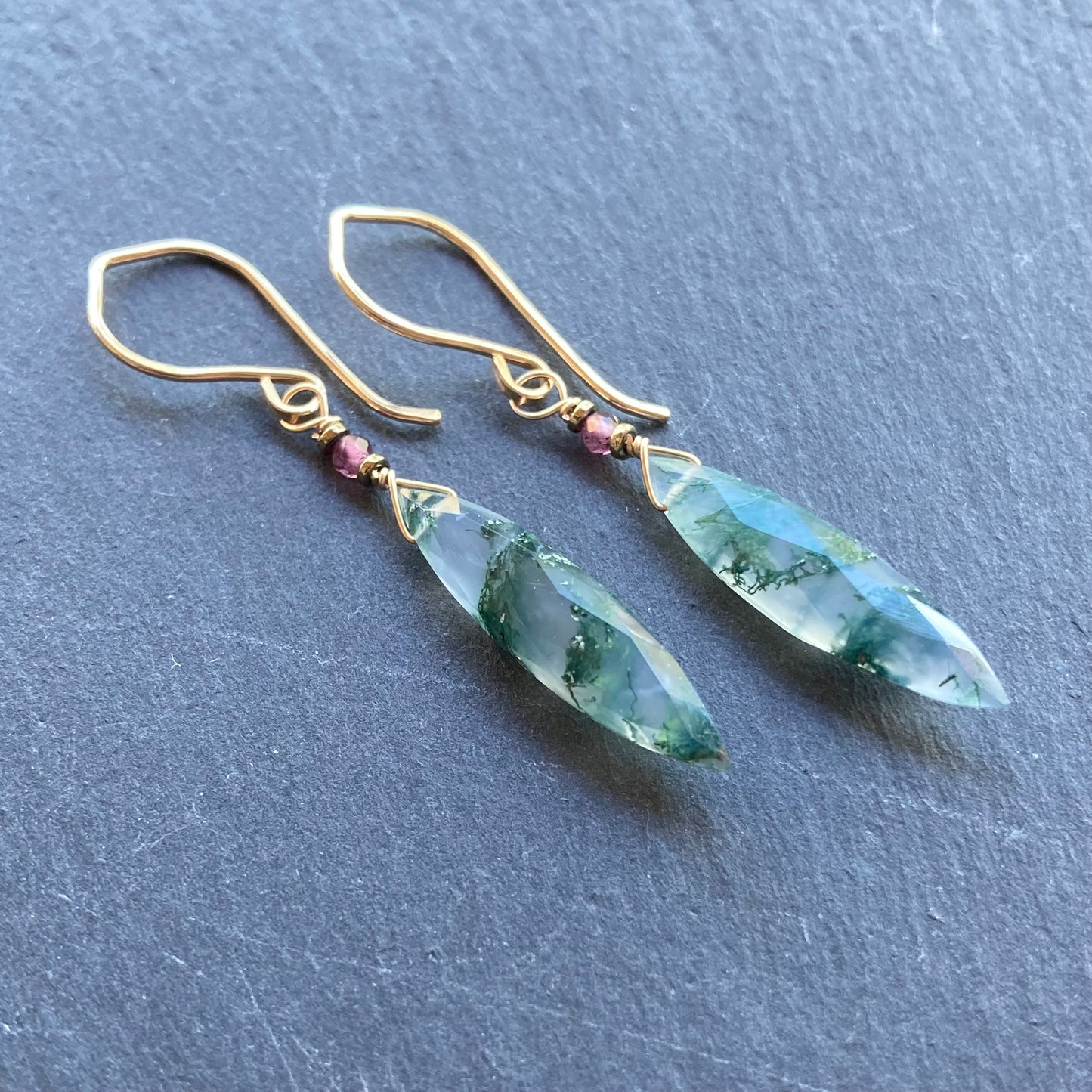 Moss Agate & Gold Marquis Earrings