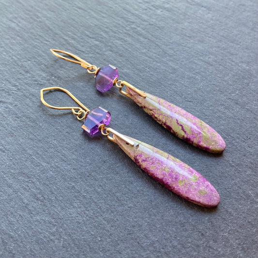 Atlantisite Stichtite, Amethyst & Gold Long Drop Earrings