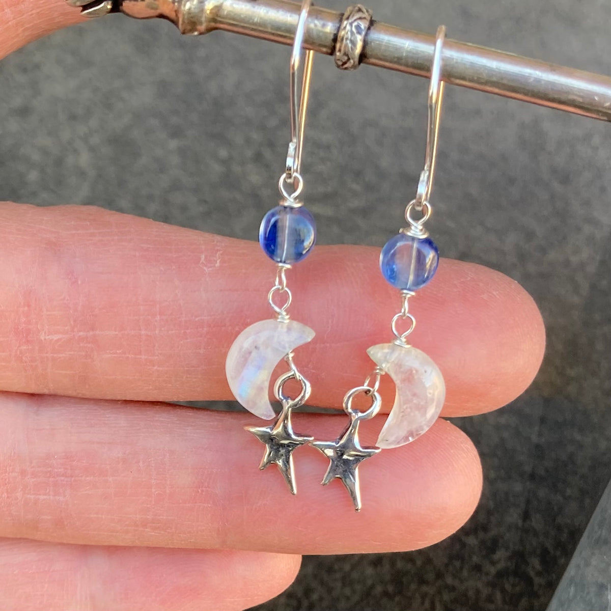Custom Repair: Rainbow Moonstone, Blue Kyanite & Sterling Siver Moon Star Earrings