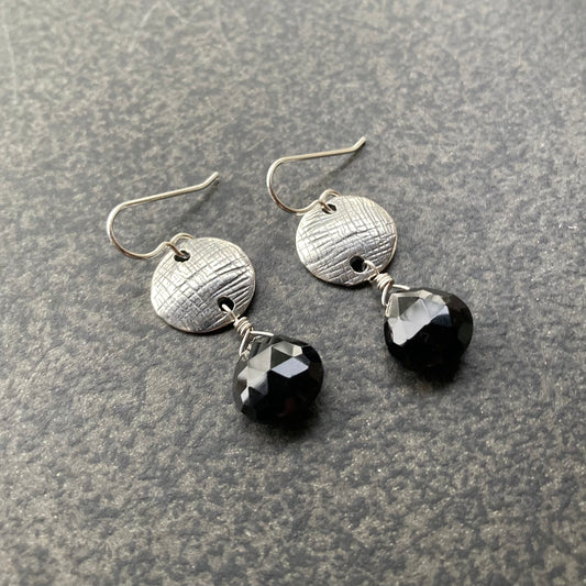 Black Onyx & Sterling Silver Artisan Coin Earrings