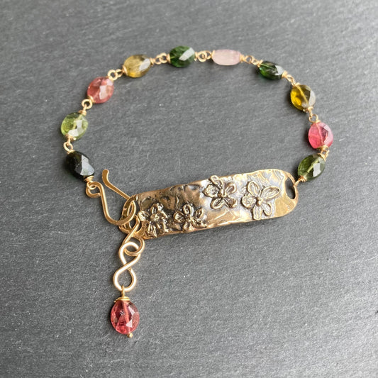 Multicolor Tourmaline, Gold & Bronze Flower Link Bracelet