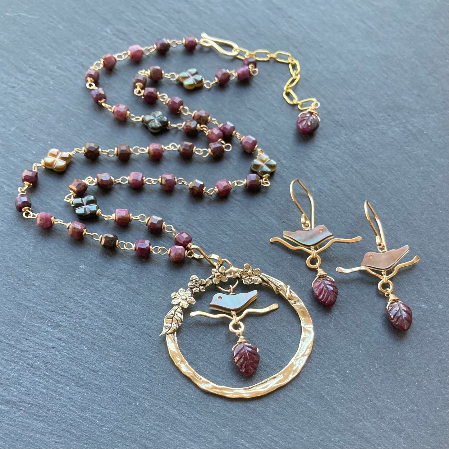 Natural Ruby, Black Mother of Pearl, Gold & Bronze Blossoming Plum Pendant Necklace