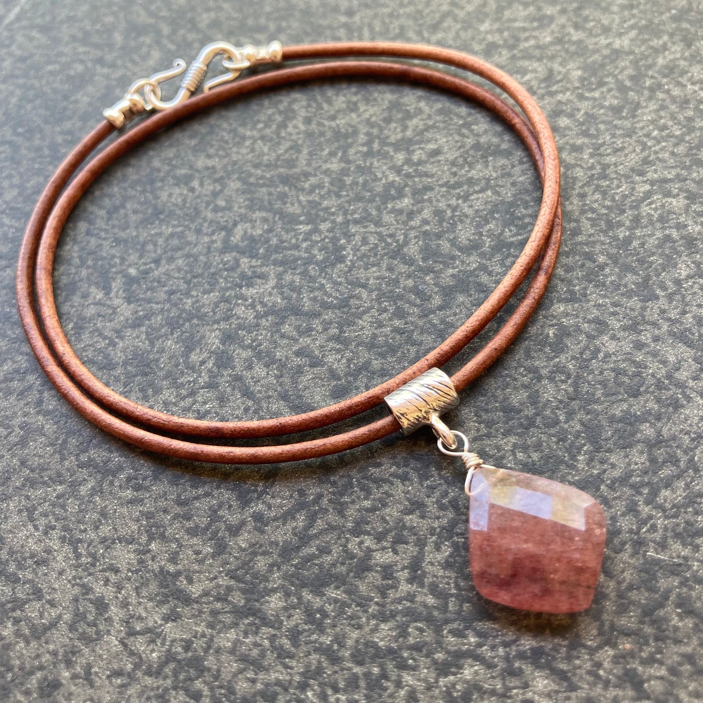 Strawberry Quartz & Sterling Silver Leather Choker