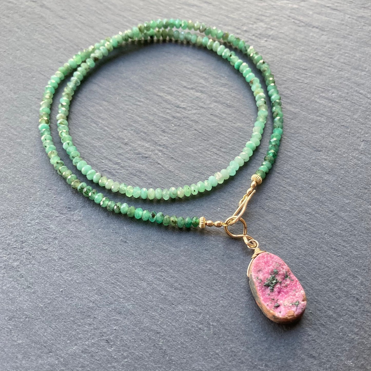 Natural Emerald, Cobalto Calcite & Gold Necklace