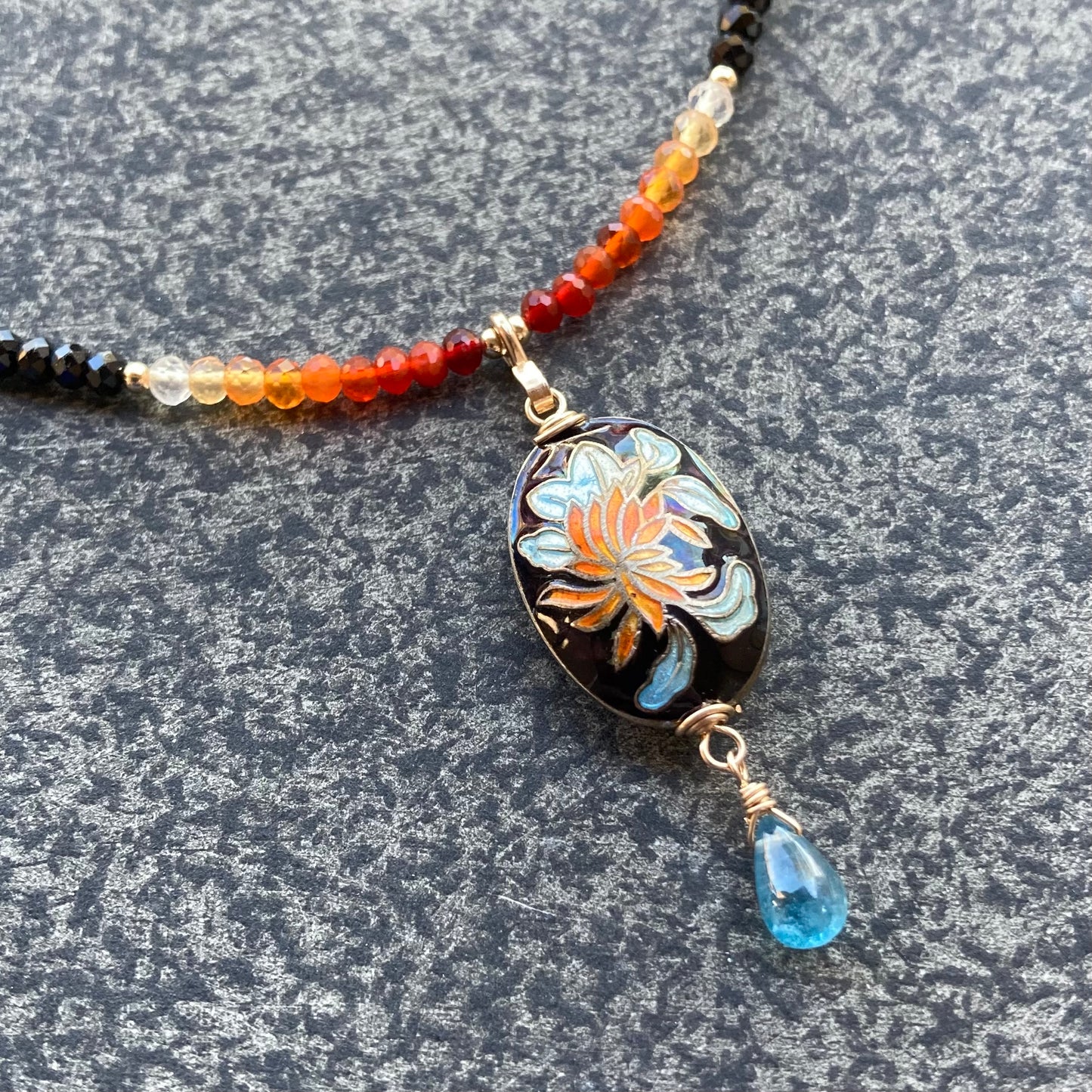 Mexican Fire Opal, Black Spinel & Vintage Cloisonné Tiger Lily Pendant Necklace