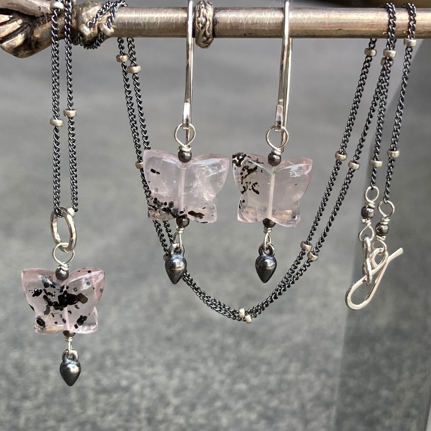 Rutilated Rose Quartz Butterfly & Sterling Silver Pendant Necklace