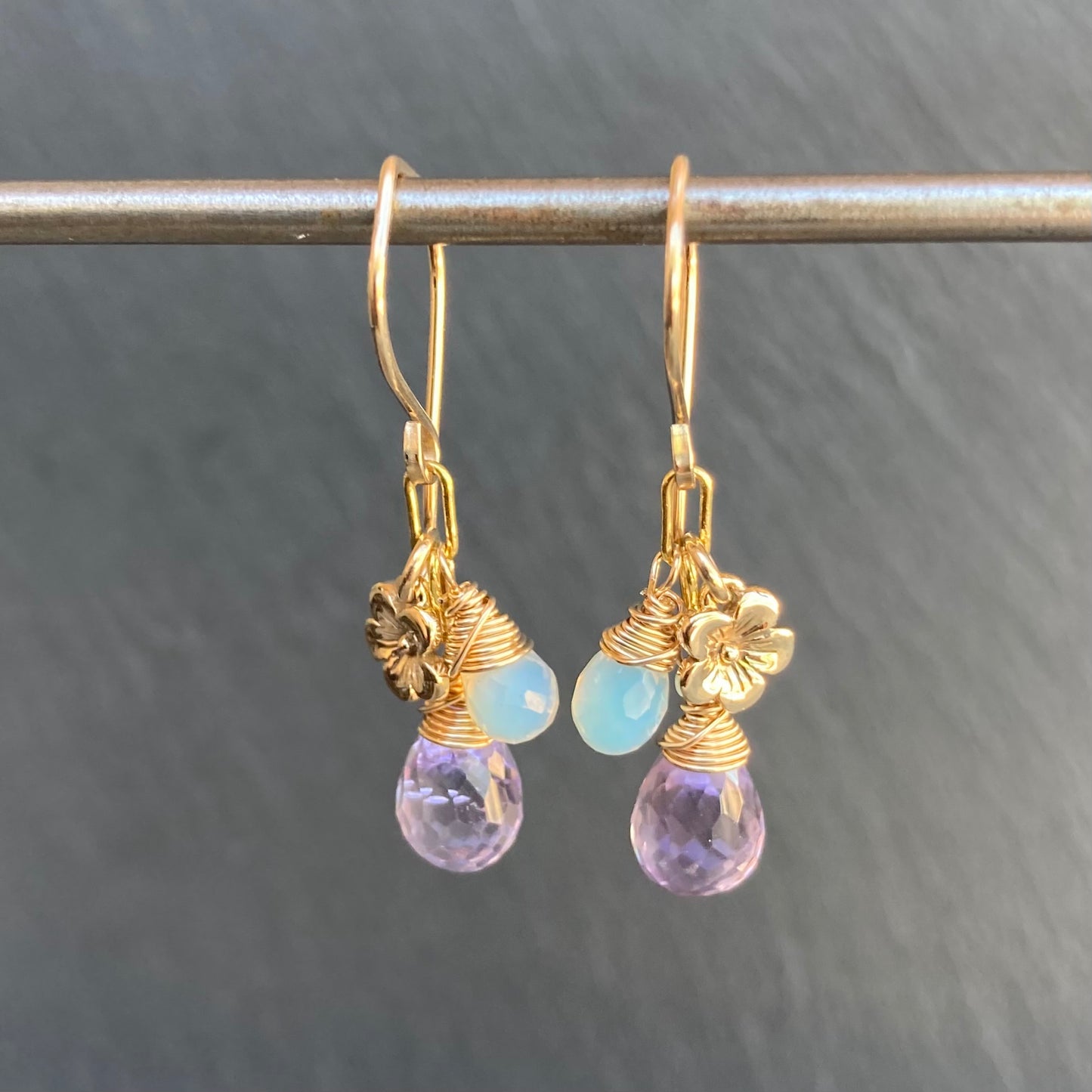Pink Amethyst, Ethiopian Opal & Gold Cherry Blossom Earrings