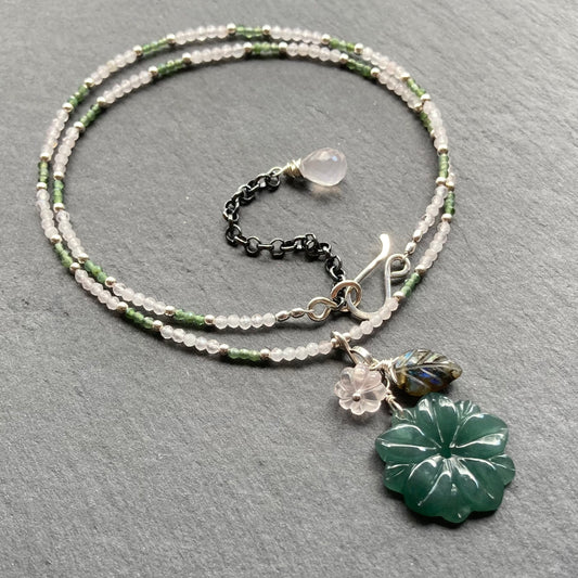 Rose Quartz, Sterling Silver & Guatemalan Jade Winter Succulent Necklace