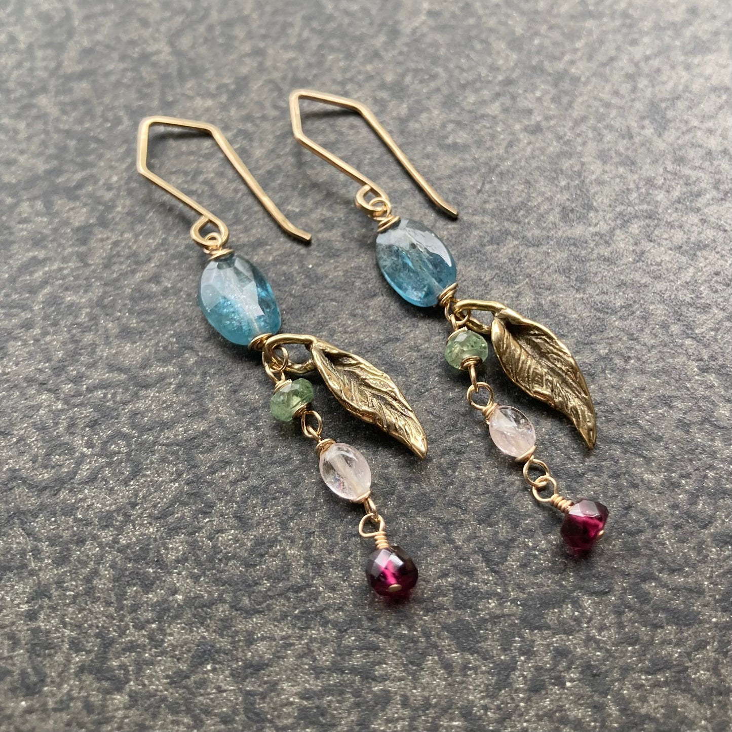 Multi Gemstone, Gold & Bronze Leaf Earrings
