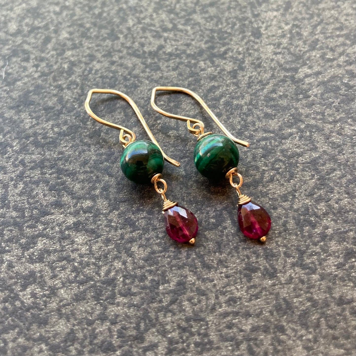 Malachite, Rhodolite & Gold Earrings