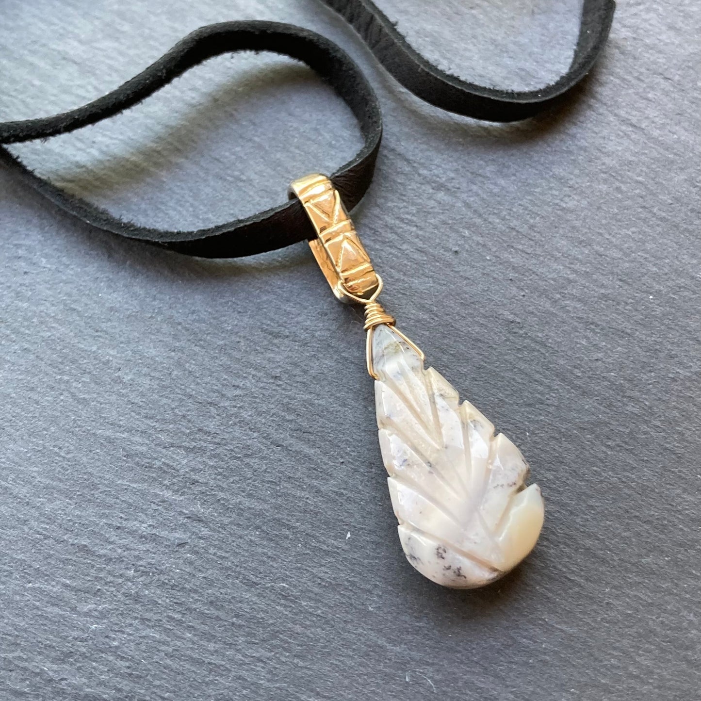 Dendritic Opal & Mixed Metal Deerskin Leather Choker
