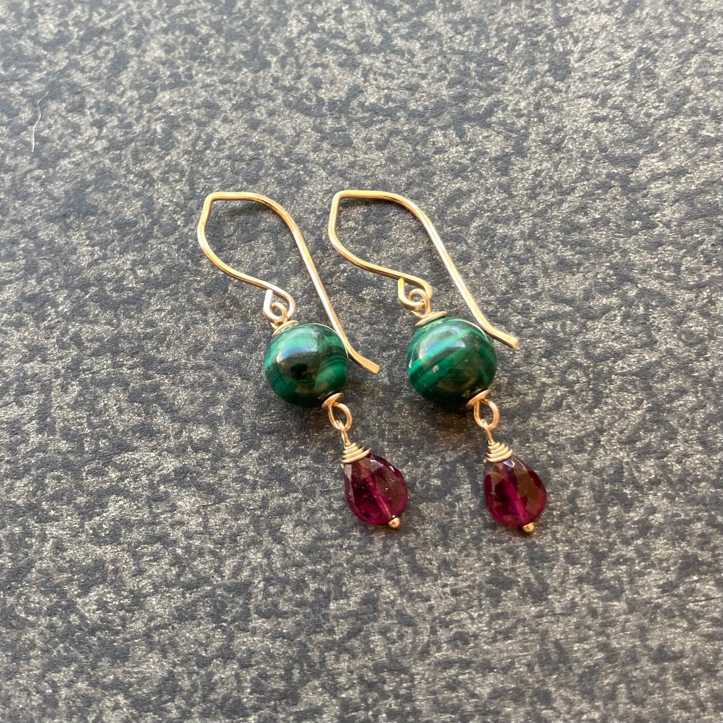 Malachite, Rhodolite & Gold Earrings