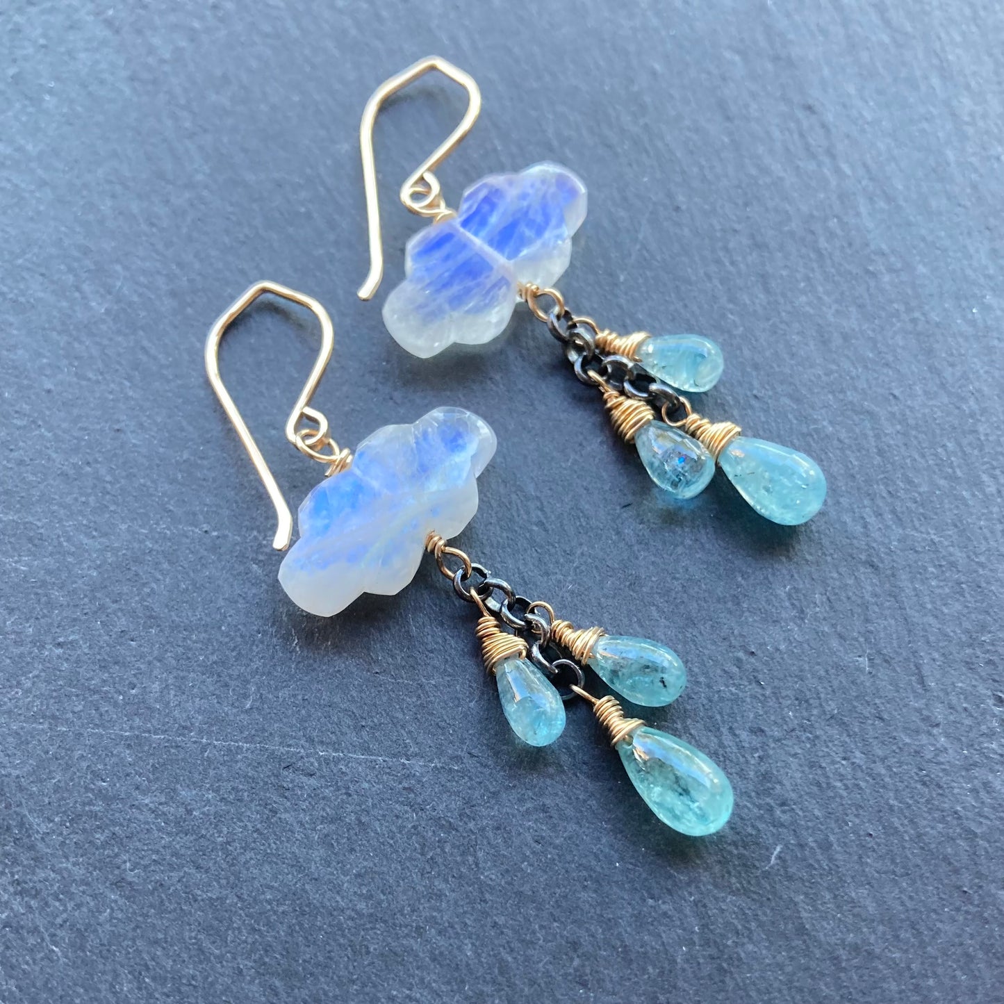 Rainbow Moonstone, Aqua Kyanite & Mixed Metal Monsoon Earrings