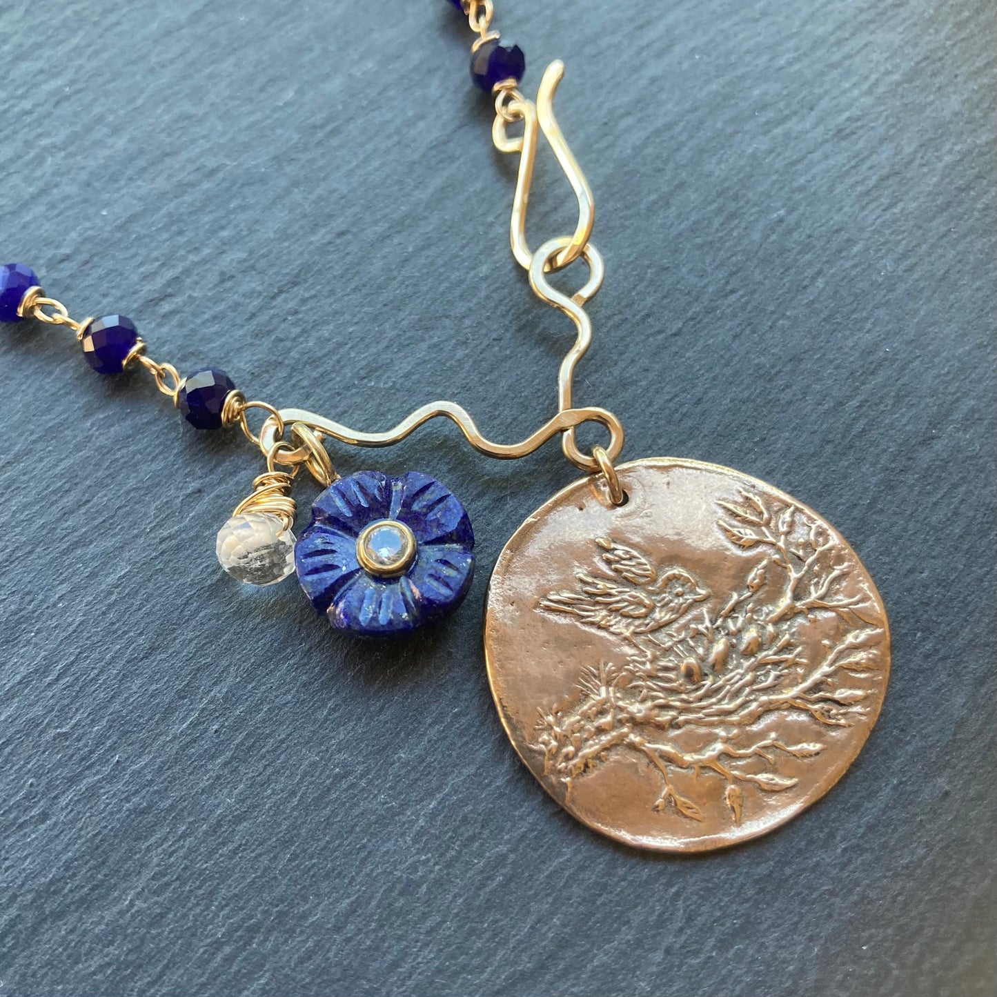 Sodalite, Gold & Bronze Fledgling Coin Charm Necklace