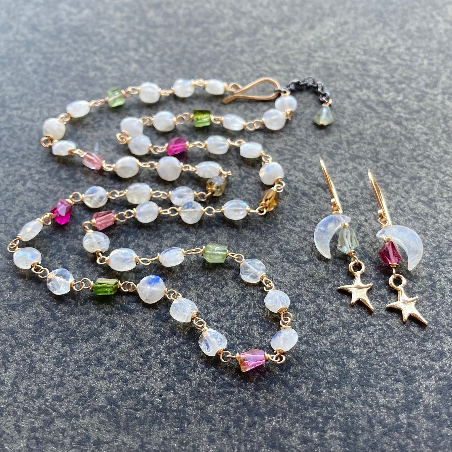 Rainbow Moonstone, Tourmaline & Gold Necklace