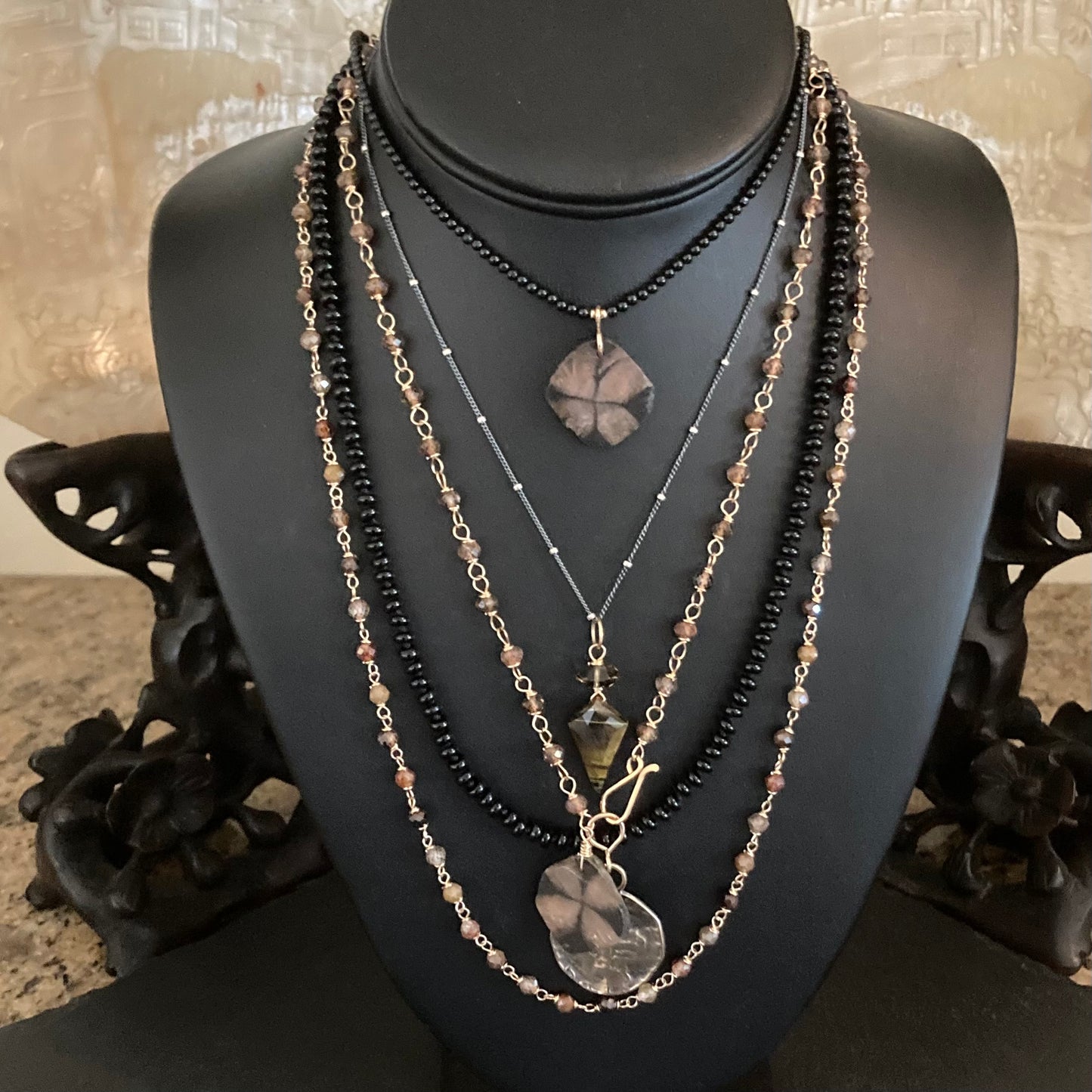 Black Tourmaline & Gold Chiastolite Pendant Necklace