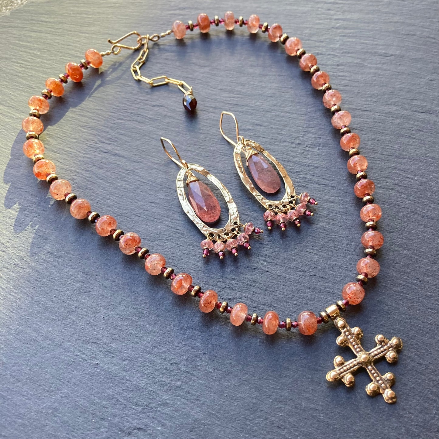 Strawberry Quartz, Garnet & Bronze Coptic Cross Necklace