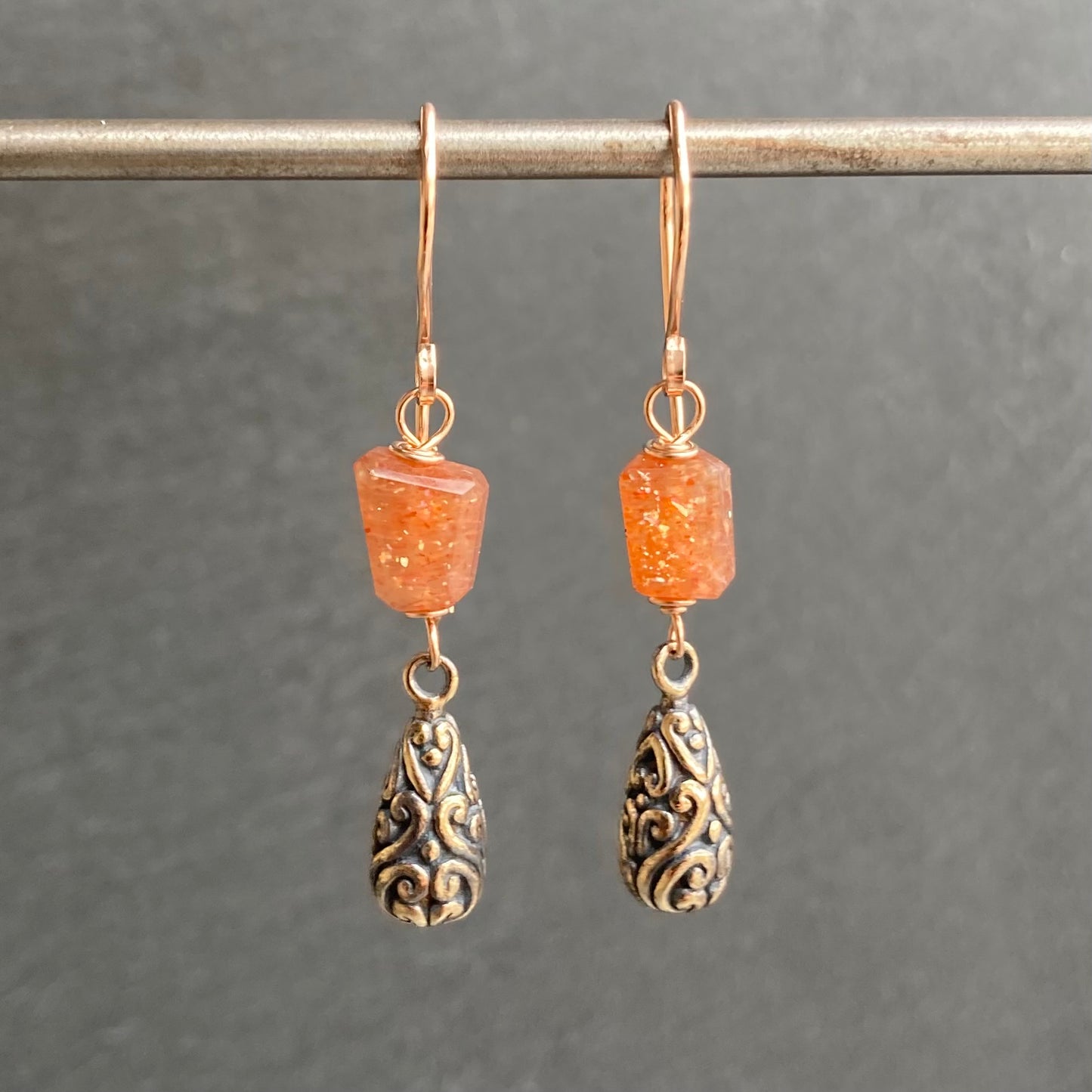Sunstone, Rose Gold & Shibuichi Drop Earrings
