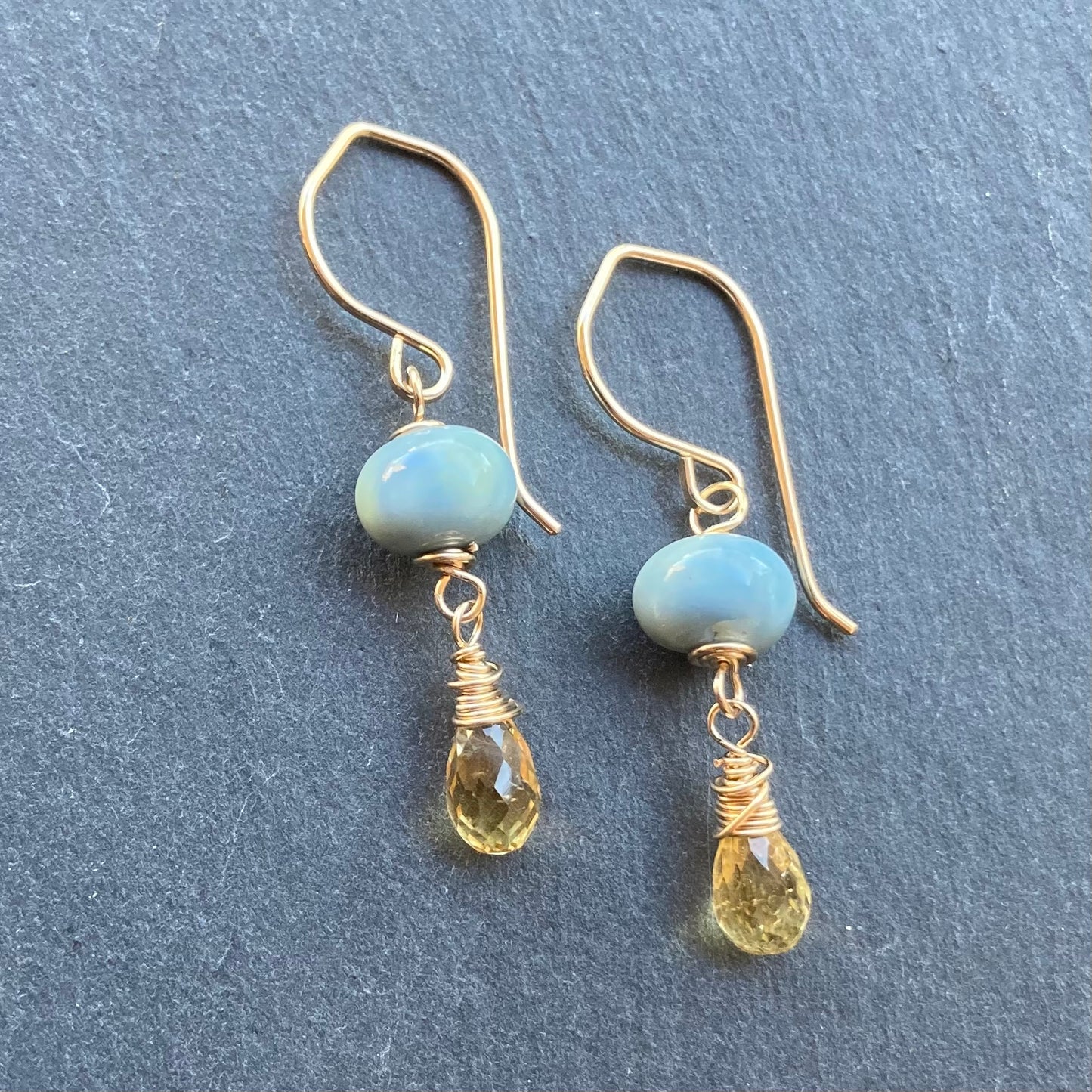 Owyhee Blue Opal, Citrine & Gold Earrings