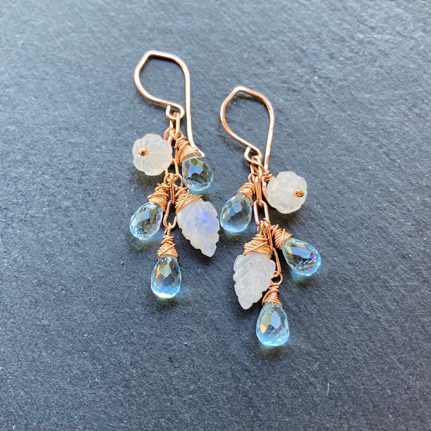 Blue Topaz, Rainbow Moonstone & Rose Gold Cascade Earrings