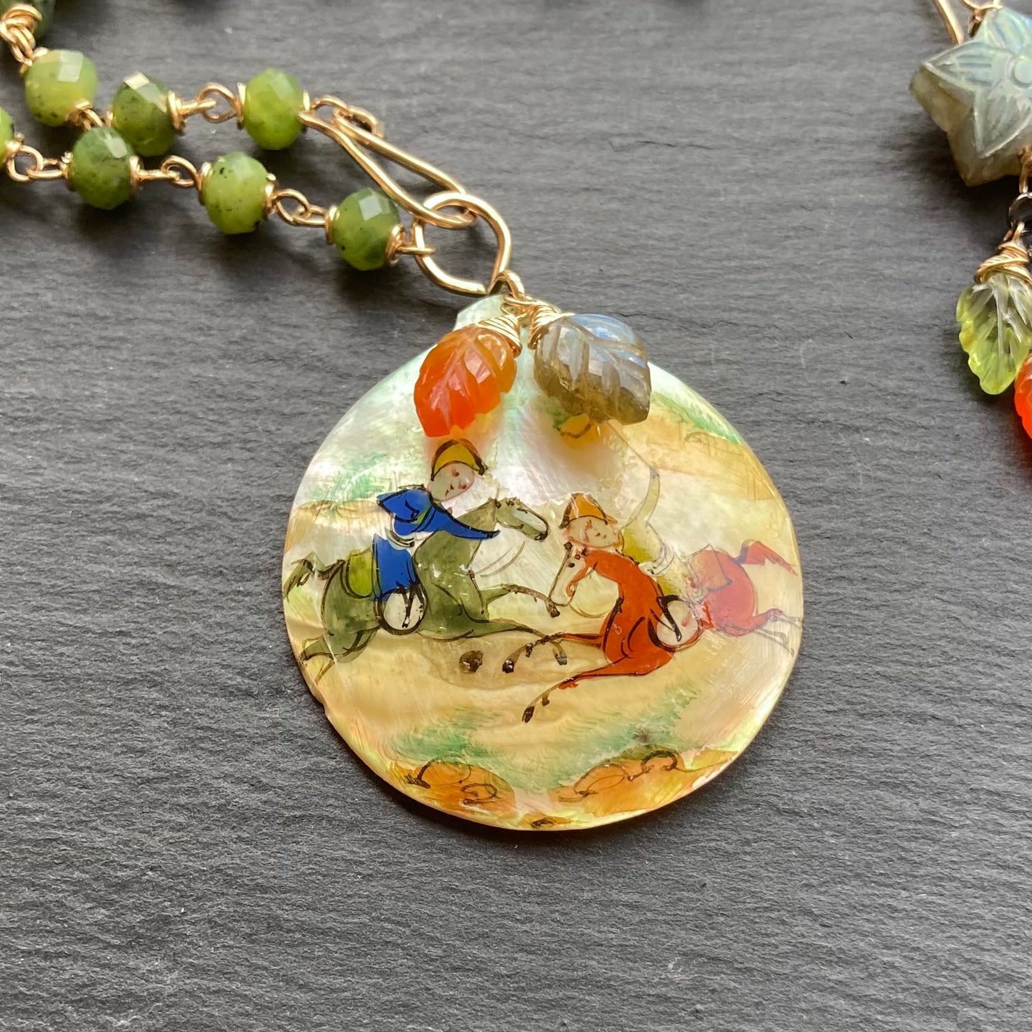 Nephrite Jade, Gold & Vintage Mother of Pearl Pendant Necklace