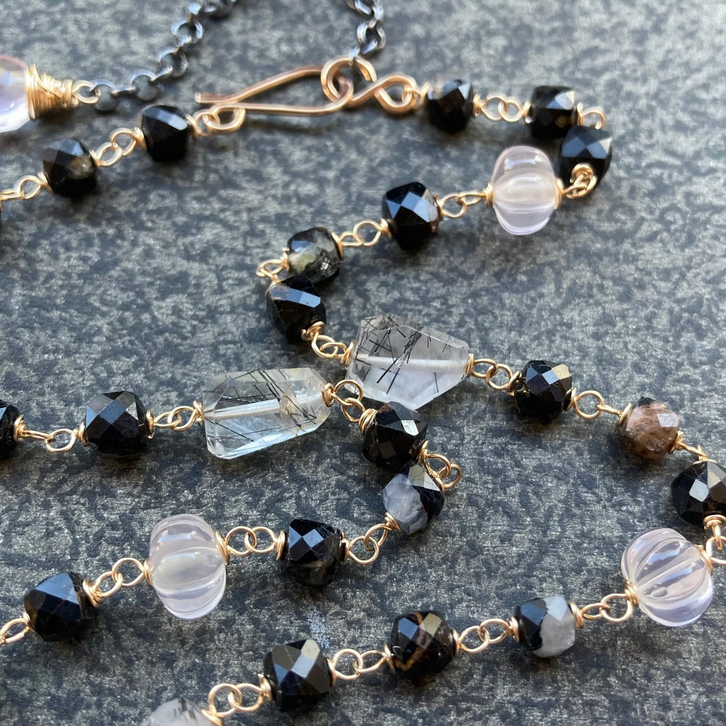 Black Rutilated Quartz, Rose Quartz, Black Tourmaline & Mixed Metal Necklace