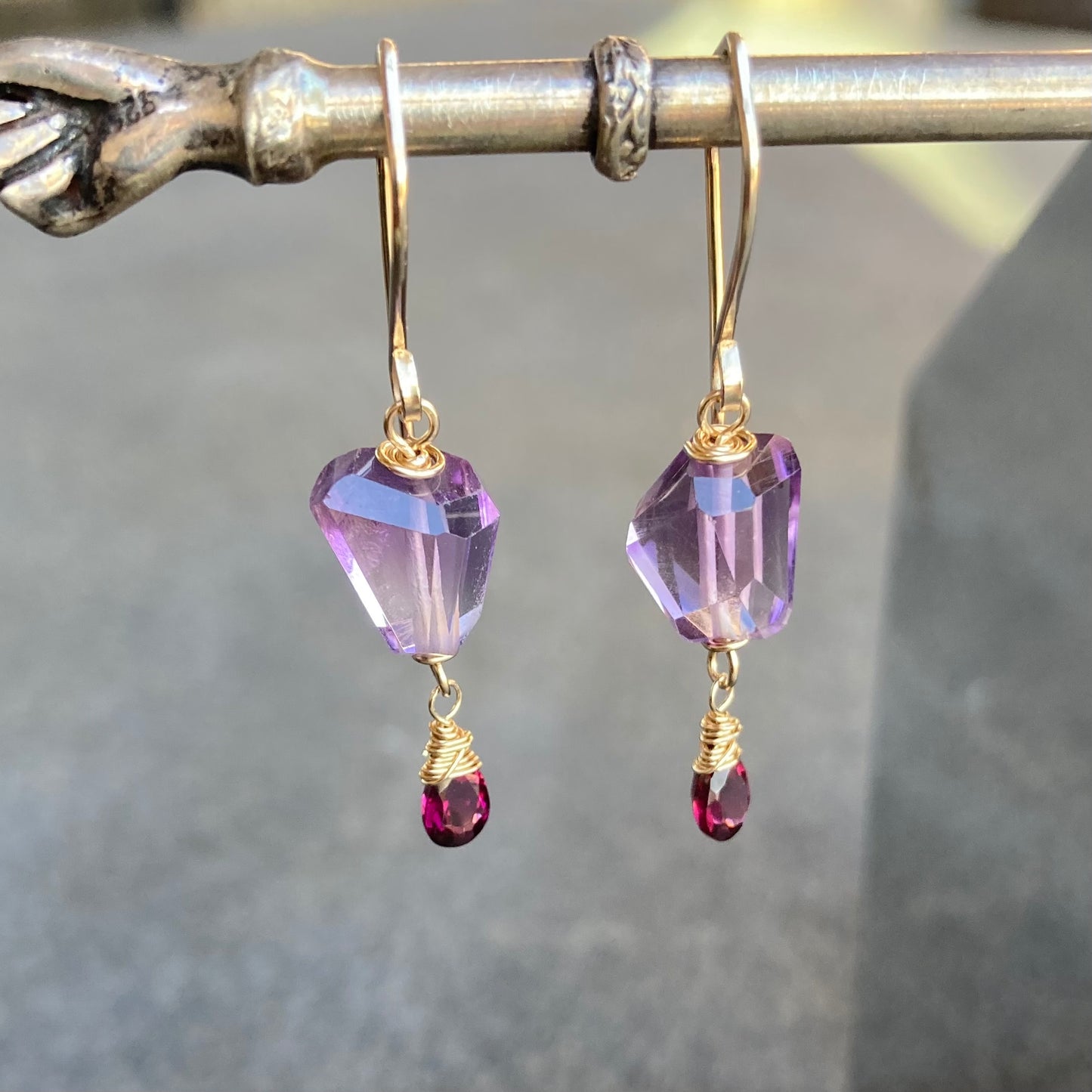 Amethyst, Rhodilite & Gold Earrings