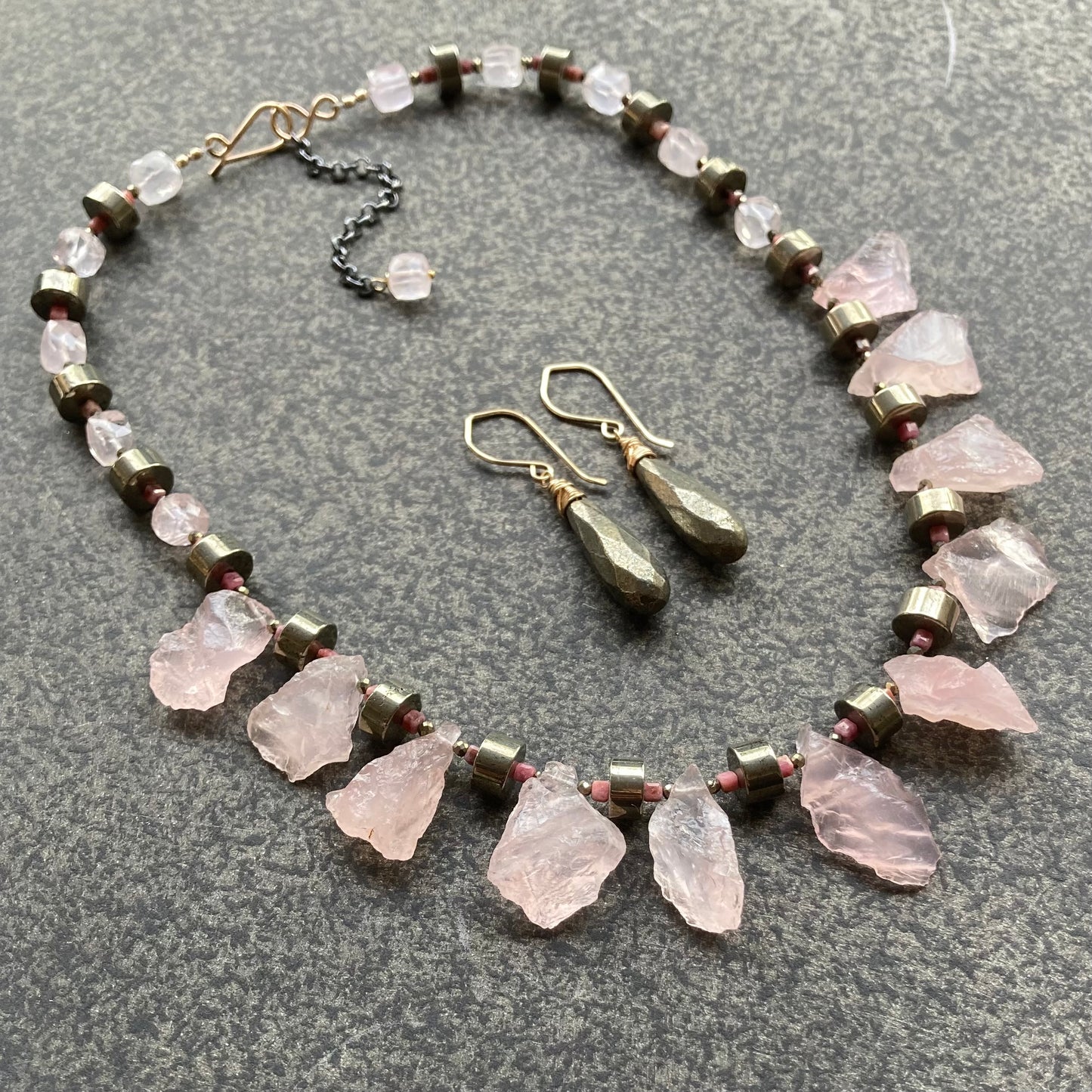 Raw Rose Quartz, Pyrite, Rhodonite & Mixed Metal Collar