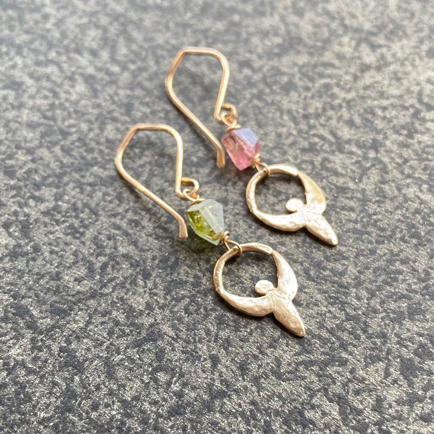 Watermelon Tourmaline, Gold & Bronze Goddess Earrings