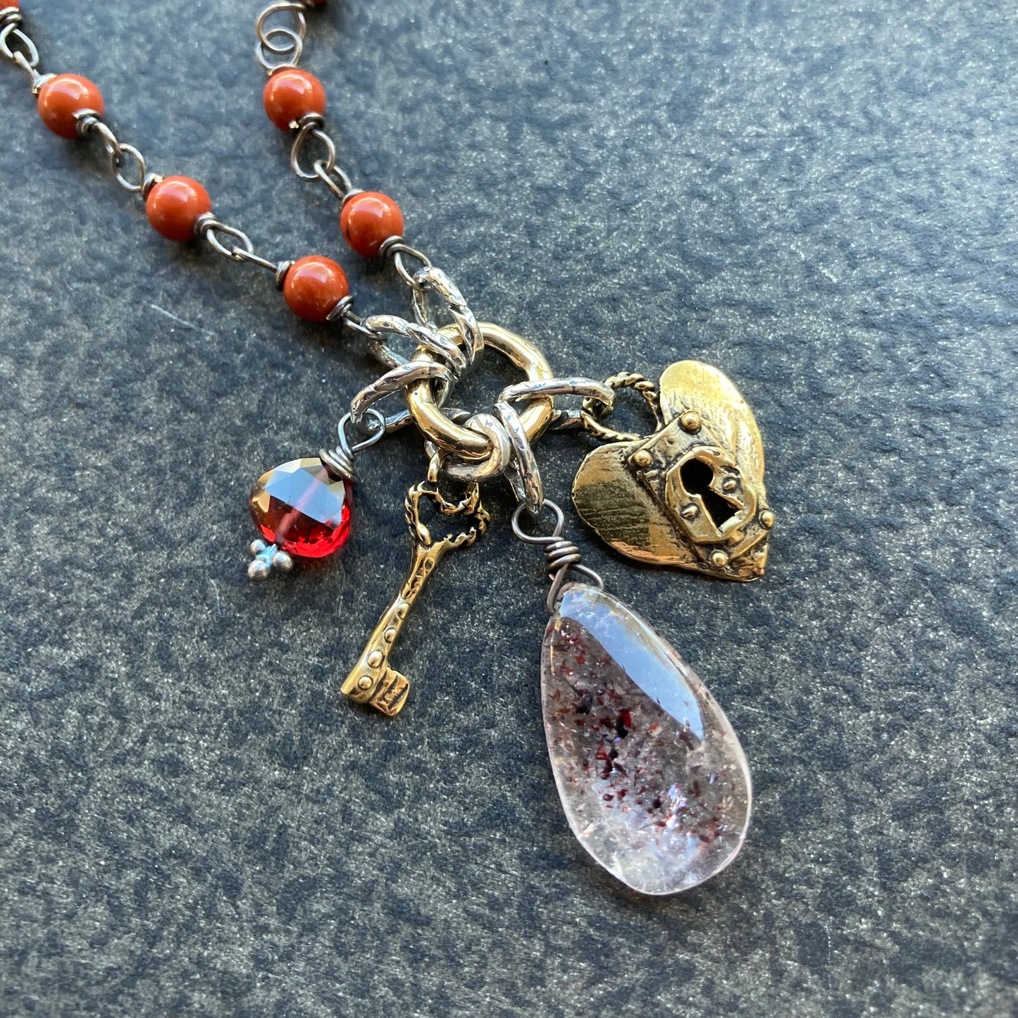 Poppy Jasper & Mixed Metal Key to My Heart Charm Necklace
