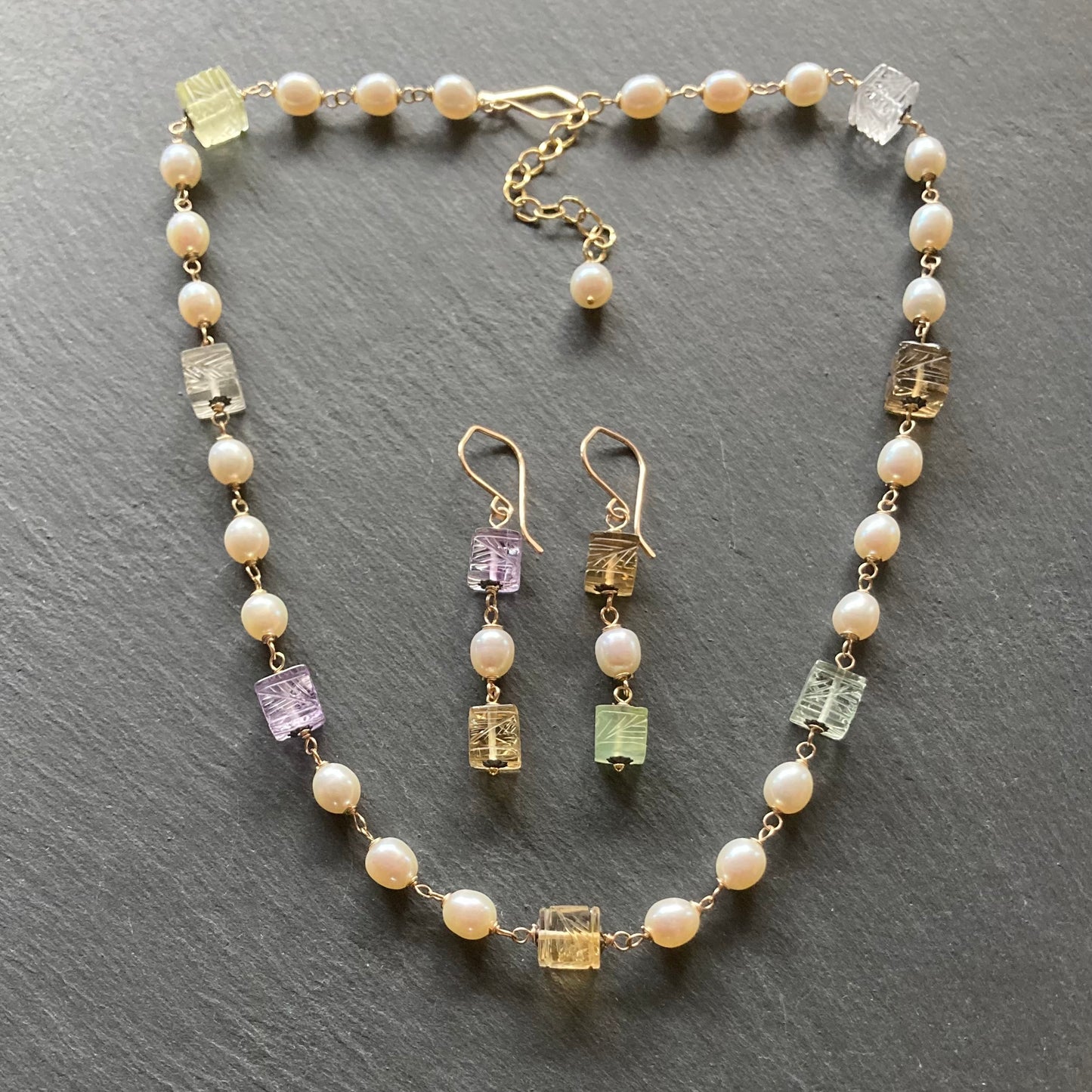 Multi Quartz, Freshwater Pearl & Mixed Metal Carved Lantern Earrings