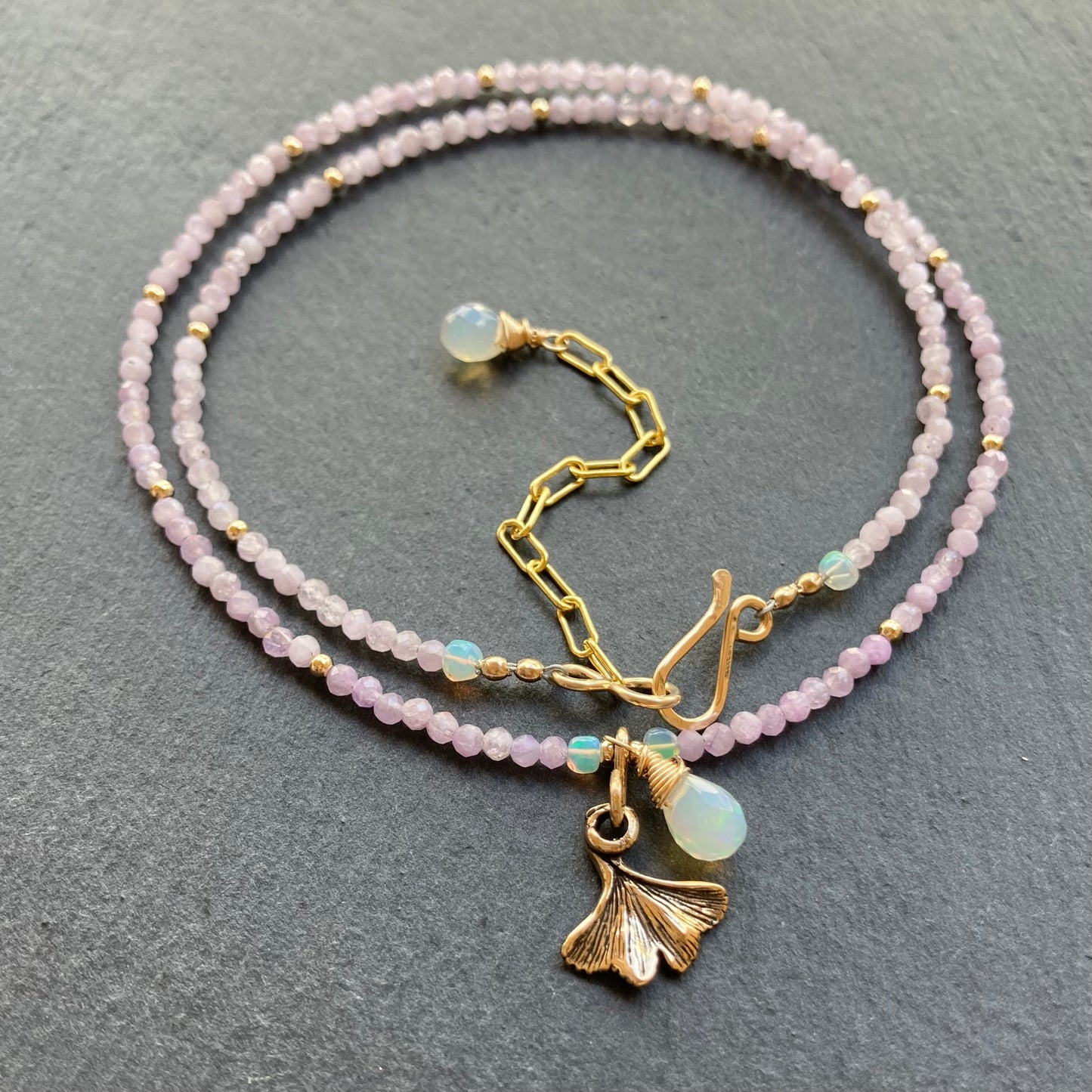 Kunzite, Gold & Bronze Ginkgo Leaf Choker