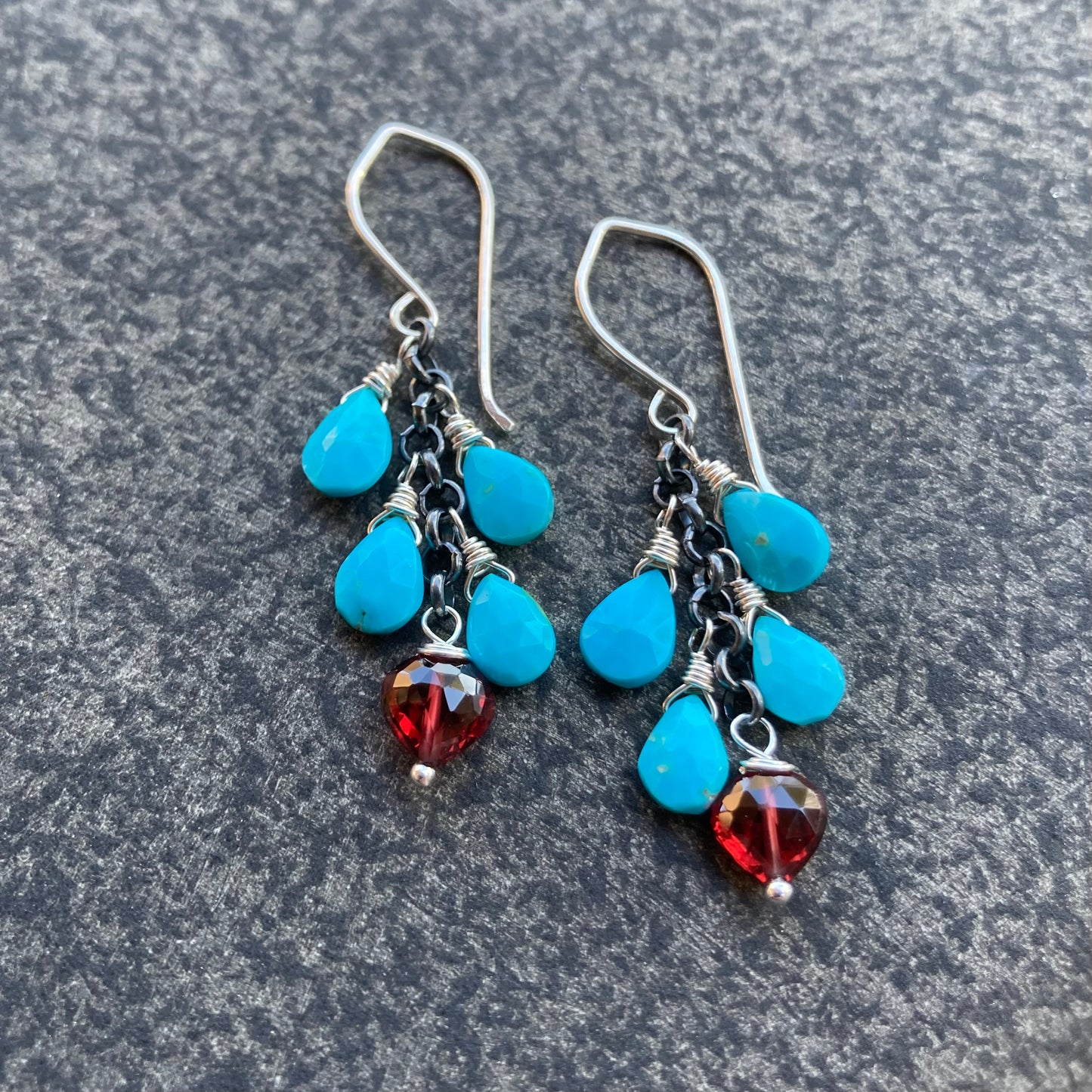 Sleeping Beauty Turquoise, Mozambique Garnet & Sterling Silver Cascade Earrings