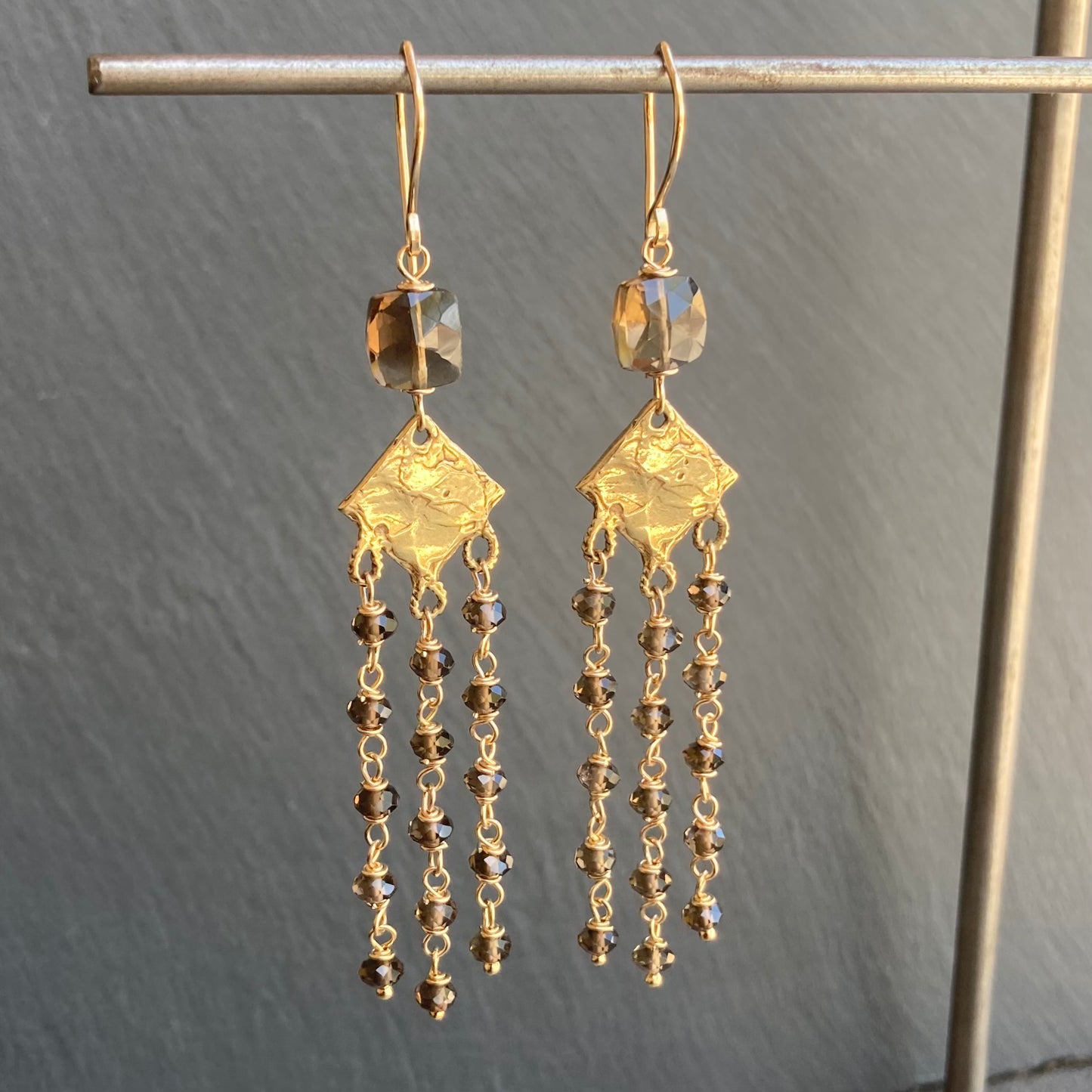 Smoky Quartz, Gold & Bronze Long Fringe Earrings