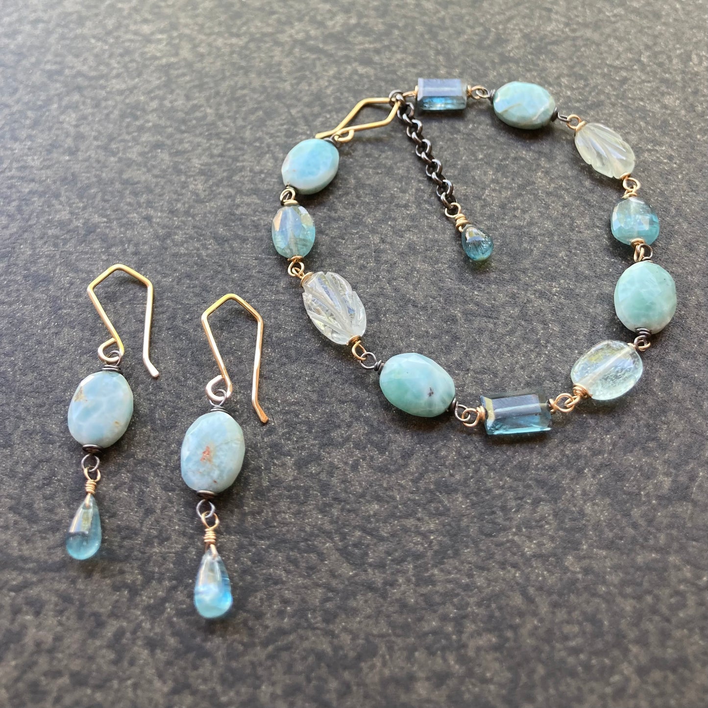 Larimar, Aqua Kyanite & Mixed Metal Earrings