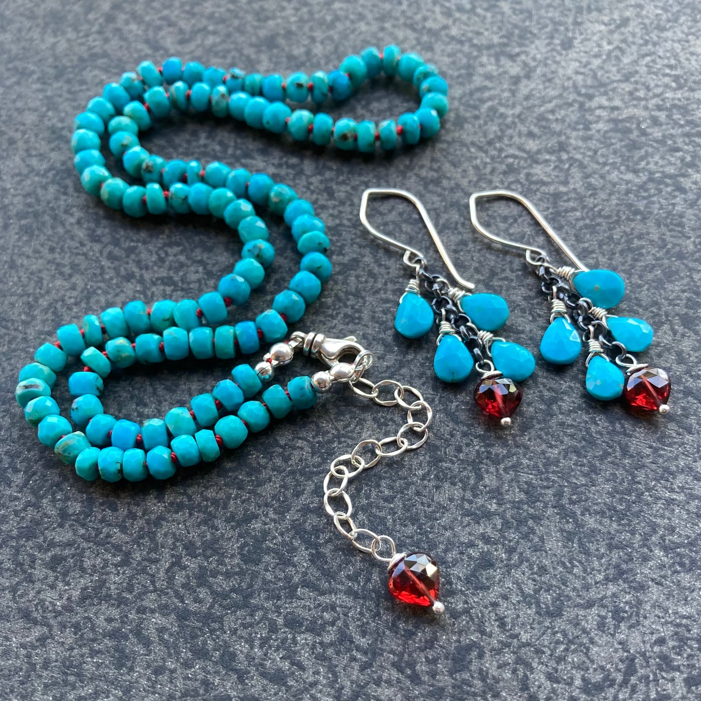 Sleeping Beauty Turquoise, Mozambique Garnet & Sterling Silver Cascade Earrings