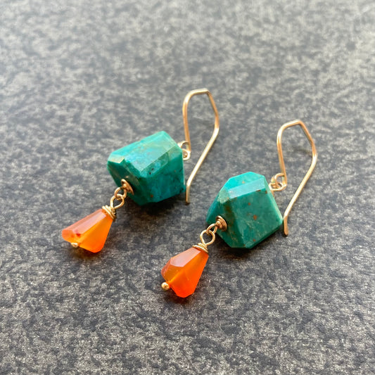 Chrysocolla, Carnelian & Gold Earrings