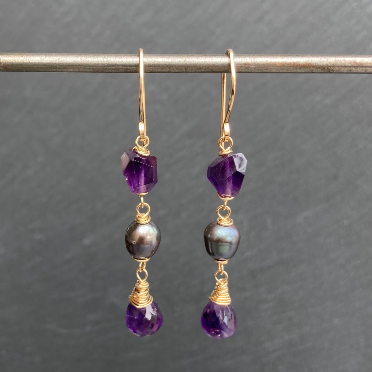 Amethyst, Peacock Pearl & Gold Earrings