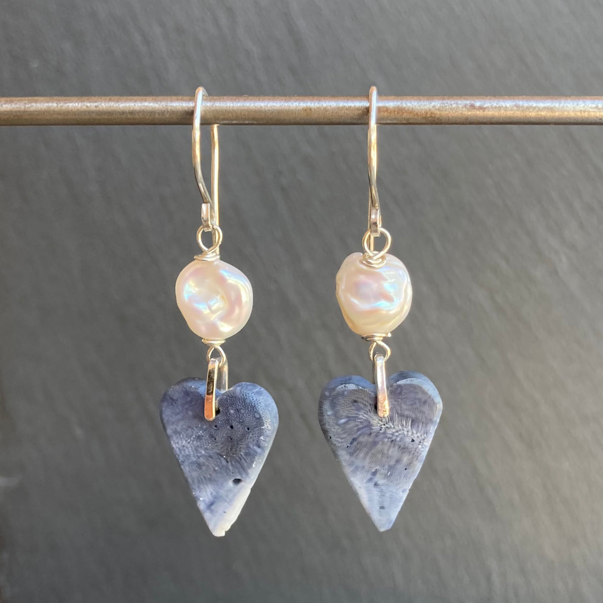 Freshwater Pearl, Sterling Silver & Blue Sponge Coral Heart Earrings