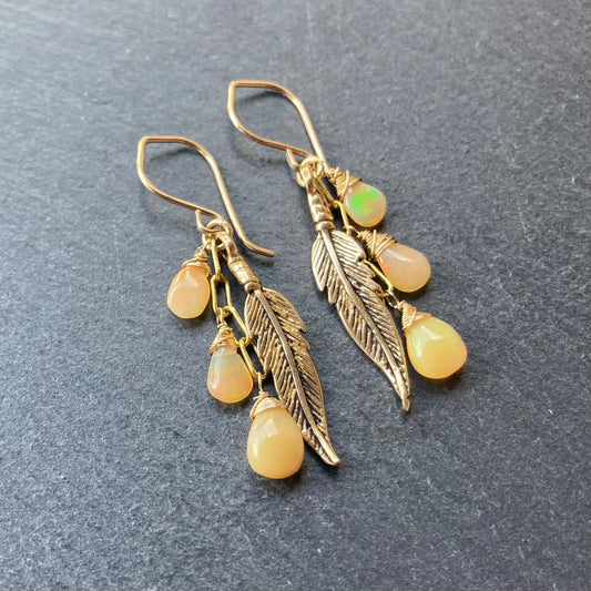 Ethiopian Opal, Gold & Bronze Feather Talisman Earrings